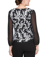 Alex Evenings Petite Sheer-3/4-Sleeve Embroidered Stretch Tulle Top