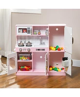 Qaba Play Kitchen, Kids Kitchen Playset w/ Phone & Chalkboard, Pink