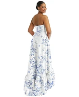 Alfred Sung Plus Strapless Floral High-Low Ruffle Hem Maxi Dress with Pockets