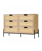 gaomon 6 Drawers Dresser For Bedroom, Natural Rattan Drawer With Spacious Storage, Wood Chest Of Drawers With Metal Legs For Bedroom, Living Room