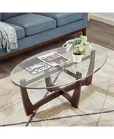 48 Inch Oval Glass Coffee Table, Cherry Round Coffee Table Center Table with Glass Top, Small Coffee Table for Living Room, Office and Apartment