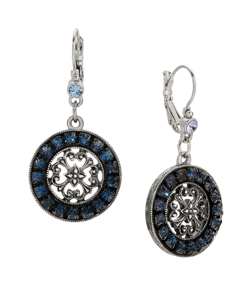 2028 Blue Crystal Round Filigree Drop Earrings