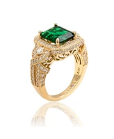 Suzy Levian New York Suzy Levian Yellow Sterling Silver Emerald-Cut Green White Cubic Zirconia Pave Ring