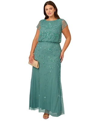 Adrianna Papell Plus Size Sequined-Mesh Evening Gown