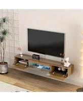 Floating Tv Stand, Wall Mounted Tv Shelf with Led lights & Power Outlet,Wall Mounted Floating 65" Tv Stand with 16 Color LEDs-brown