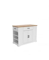 46.2'' Multi-Storage Kitchen Island with Rubber Wood Tabletop, Large Farmhouse Kitchen Cart with Adjustable Shelves and Drawers, Dinning Table Bar wit