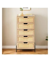 gaomon Modern Rattan 5 Drawers Dresser, Double Dresser For Bedroom