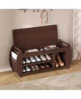 Retro Multifunctional Storage Bench with Cushion and Curved Side Panel for Entrance and Living Room (Black)