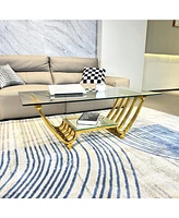 47" Rectangle Modern Stainless Steel Coffee Table, Double-Layer Clear Tempered Glass Coffee Table, Center Table Table with Storage, for Living Ro