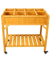 Elevated 8 Pocket Herb Garden Bed, Mobile Raised Customizable Wood Planter for Herbs, Vegetables, Flowers w/ Lockable Wheels, Storage Shelf, Drainage