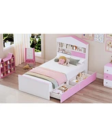 Streamdale Furniture Twin Size House-Shaped Wooden Bed with Storage Shelf on the Headboard, Built-in Two Storage Drawers, Pink