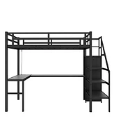 Full Xl Size Loft Bed with L-shaped Desk and Usb, Metal Loft Bed with Wardrobe and Adjustable Shelf, High Loft Bed with Led for Kids Teens Adults, Bla