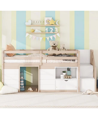 Streamdale Furniture Solid Wood Twin Size Low Loft Bed With Stair, Drawer, And Shelf For Cream + White Color