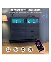 gaomon Dresser For Bedroom With Led Lights And Charging Station, 6 Drawer Double Dresser With 2 Shelves