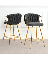 Modern design High stool Gold Plated legs Kitchen Dining Dark grey linen bar chair, suitable for Cafe Bar Restaurant (set of 2)