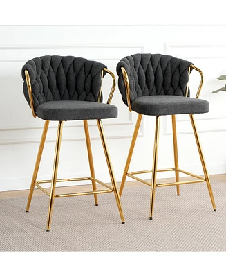 Streamdale Furniture Modern design High stool Gold Plated legs Kitchen Dining Dark grey linen bar chair, suitable for Cafe Bar Restaurant (set of 2)