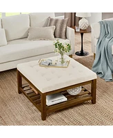 Upholstered Coffee Table Tufted Linen Large Square Ottoman with Beech Wood Shelf and Frame, Oversized Footrest Ottoman for Living Room,Office,Bedroom,