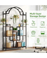 Tribesigns 74.8'' Arched Metal Flower Shelf with Hanging Hooks,5-Tier Tall Indoor Plant Stand