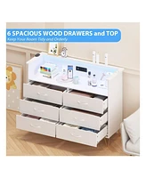 gaomon Dresser For Bedroom With Led Light & Charging Station, 6 Wooden Drawers Dressers 2-Tier Open Shelves, Modern Chest Of Double Wide