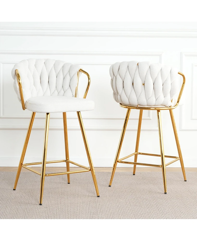 Streamdale Furniture Modern design High stool Gold Plated legs Kitchen Dining White linen bar chair, suitable for Cafe Bar Restaurant (set of 2)