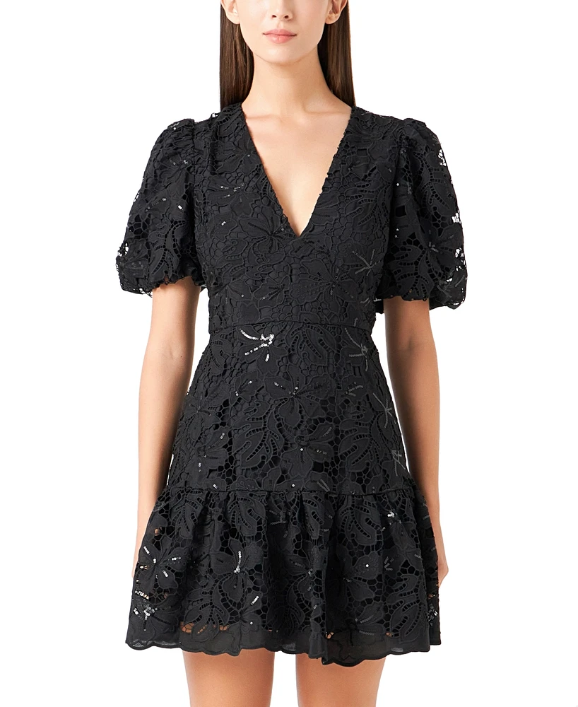 endless rose Women's Sequin Open-Lace Puff-Sleeve Mini Dress