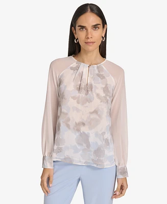 Calvin Klein Women's Petite Printed Long-Sleeve Blouse