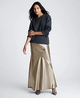 Kenneth Cole Womens Oversized Crewneck Sweater Satin Pull On Maxi Slip Skirt