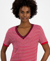 Tommy Hilfiger Women's Cotton Seabrook Striped V-Neck Sweater