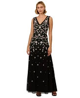 Adrianna Papell Petite Floral Beaded Mesh Long Ball Gown