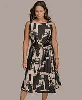 Donna Karan New York Plus Size Printed Belted A-Line Dress