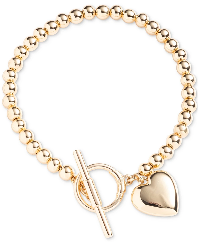 Lauren Ralph Lauren Gold-Tone Puffy Heart Charm Beaded Flex Bracelet