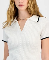 Freshman Juniors' Cable-Knit Collared V-Neck Cropped Sweater Top