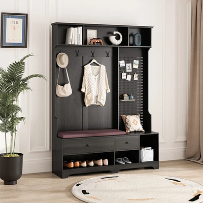 Multi-purpose Hallway Hall Tree with Removable Linen Cushioned Entryway Bench, Coat Rack, Storage Shelves, and Diy Pegboard,for Hallways, Living Room