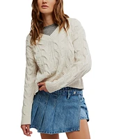 Free People Women's Washed Cable-Knit V-Neck Sweater