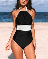 Cupshe Women's High Neck Ruched Halter Self Tie Strap One Piece Swimsuit