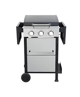 3-Burner Propane Gas Bbq Grill, Ss Plancha, 36900BTU Output With Wire Enamel Cooking Grids For Outdoor Barbecue, Foldable Side Table, Hanging Basket,