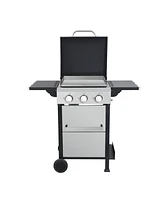 3-Burner Propane Gas Bbq Grill, Ss Plancha, 36900BTU Output With Wire Enamel Cooking Grids For Outdoor Barbecue, Foldable Side Table, Hanging Basket,