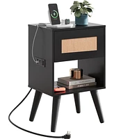 Wlive Night Stand with Charger Station Rattan Side Table with Drawer and Storage Shelf Bedside Table for Bedroom Mid Century Nightstand for Small Spac