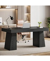 Tribesigns 55 Inches Executive Desk, Mid-Century Modern Home Office Desk with Double Trapezoid Base, Wood Computer Business Workstation Smal