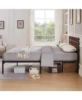 Slickblue Queen Size Bed Frame with Wood Headboard, Metal Frame with Strong Slats, Noise Free,No Box Spring Needed