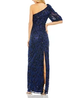 Mac Duggal Women's One Shoulder Puff Sleeve Embellished Column Gown