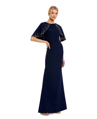 Mac Duggal Women's Crepe High Neck Fitted Gown With Beaded Shawl