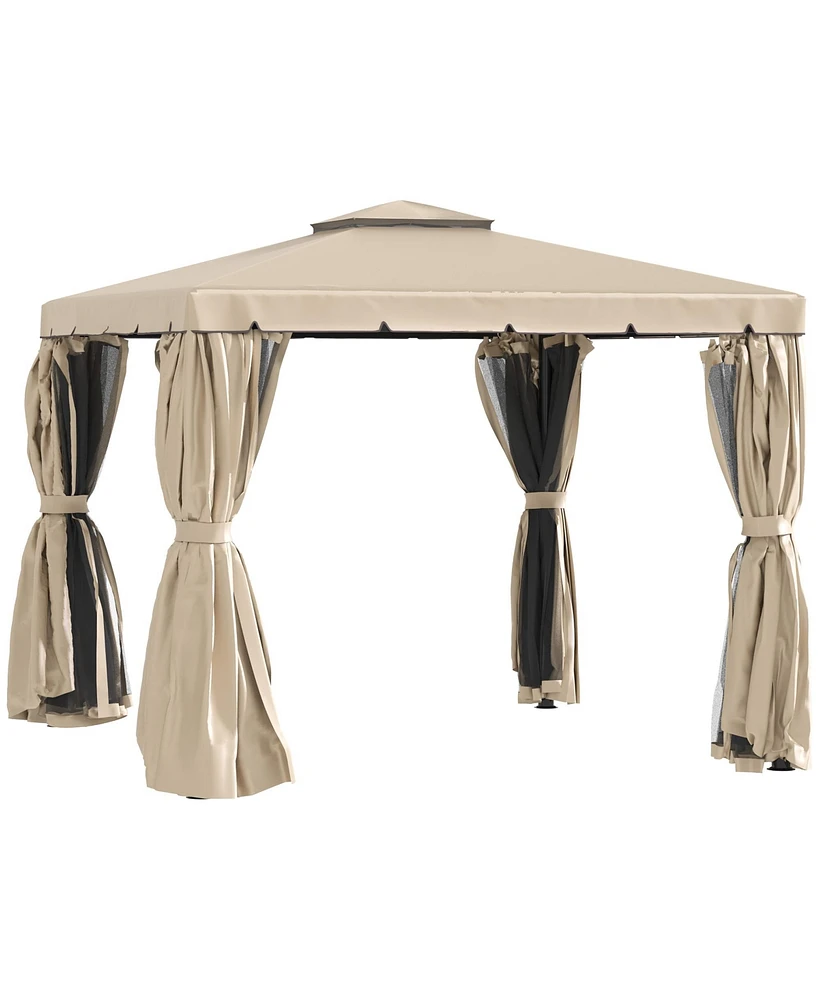 Outsunny 10' x 10' Patio Gazebo Outdoor Canopy Shelter with Double Vented Roof, Netting and Curtains