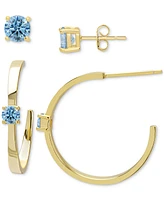 2-Pc. Set Lab Grown Blue Topaz Solitaire Stud & Small Hoop Earrings (3/4 ct. t.w.) in 14k Gold-Plated Sterling Silver