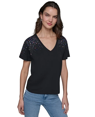 Karl Lagerfeld Paris Women's Embellished V-Neck T-Shirt