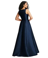 Alfred Sung Women's Boned Corset Closed-Back Satin Gown with Full Skirt and Pockets