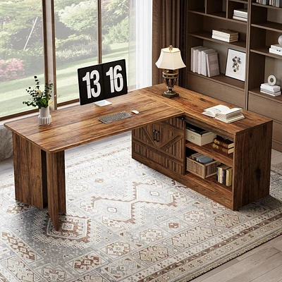 Tribesigns 70.9-Inch Executive Desk, L-Shaped Desk with 55.1-Inch Storage Cabinet, Mid-Century Farmhouse Office Desk Computer Desk with Sliding Door,