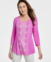 Jm Collection Plus Printed 3/4 Sleeve Top, Exclusively at Macy's