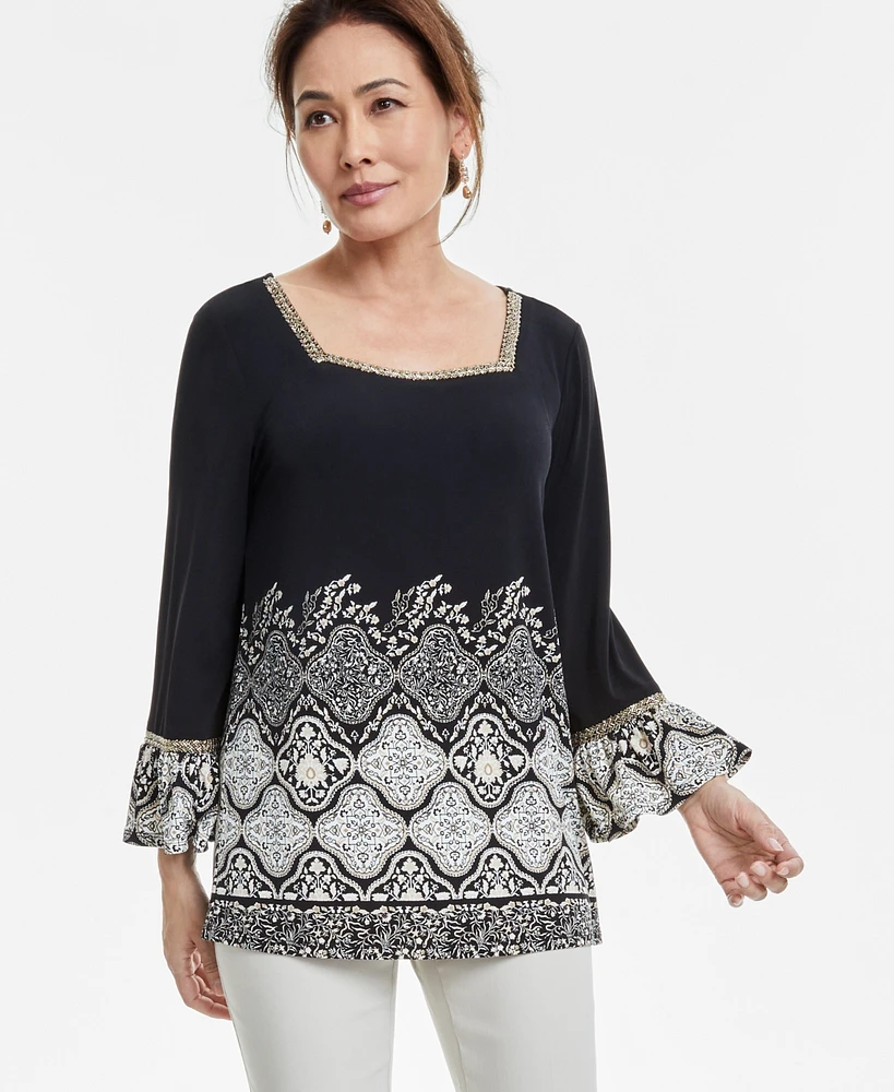 Jm Collection Women's Embroidered Ruffled-Cuff Top, Exclusively at Macy's