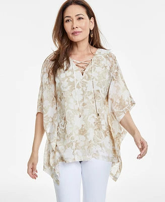 Jm Collection Women's Printed Lace-Up Poncho Top, Exclusively at Macy's